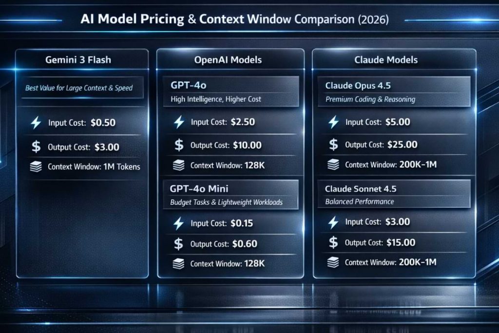 Infographic comparing AI model pricing, token costs, and context window sizes for Gemini 3 Flash, GPT-4o, GPT-4o Mini, and Claude Opus, Sonnet, and Haiku models.