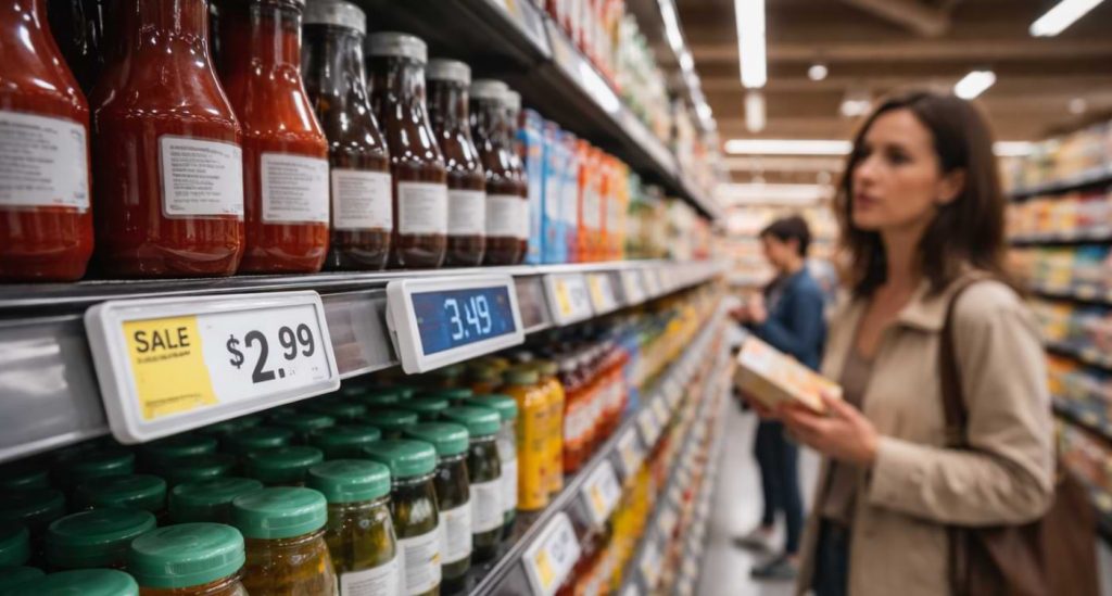 Shopper comparing digital price tags and traditional paper price labels on supermarket shelves