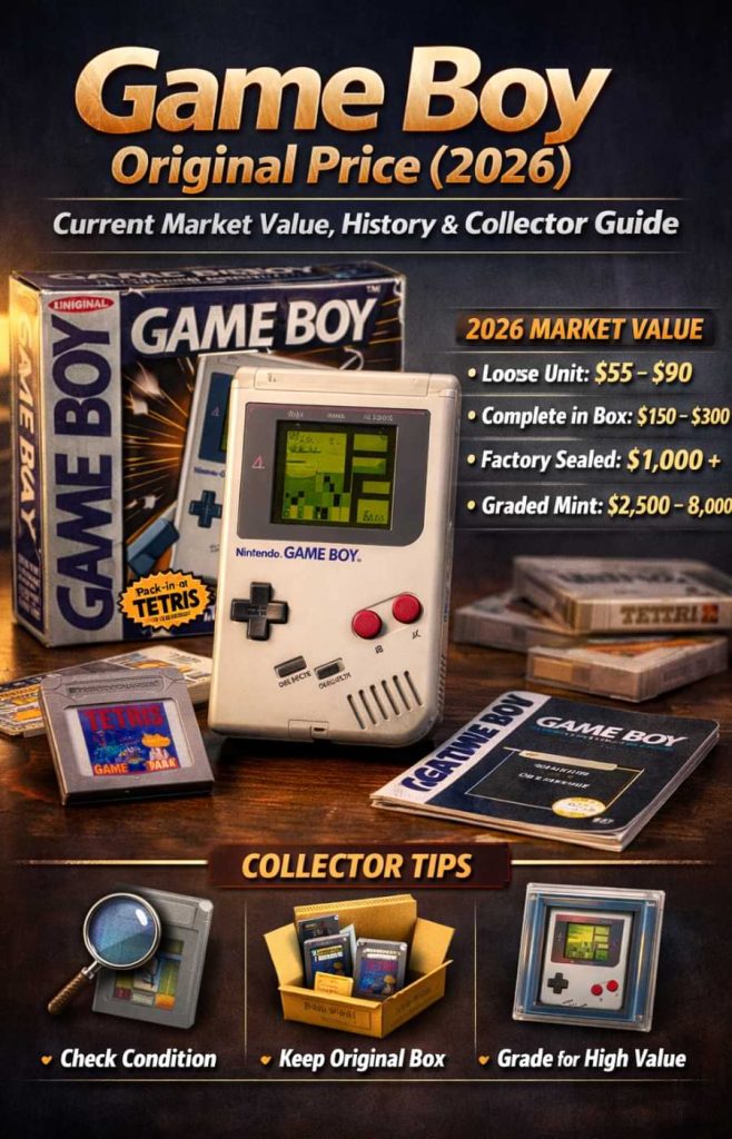 Original Nintendo Game Boy console with box, Tetris cartridge, and collector market value overview