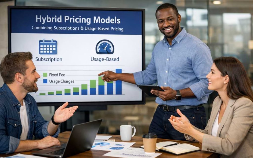 Three professionals in a modern office discussing hybrid SaaS pricing models with laptops, tablets, charts, and natural body language, showing subscription and usage-based pricing strategies.