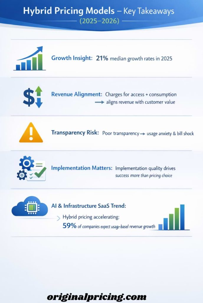 Infographic showing key takeaways of hybrid SaaS pricing models for 2025–2026, including 21 percent growth rates, revenue alignment through access and usage pricing, transparency risks, implementation importance, and AI-driven usage-based revenue trends.