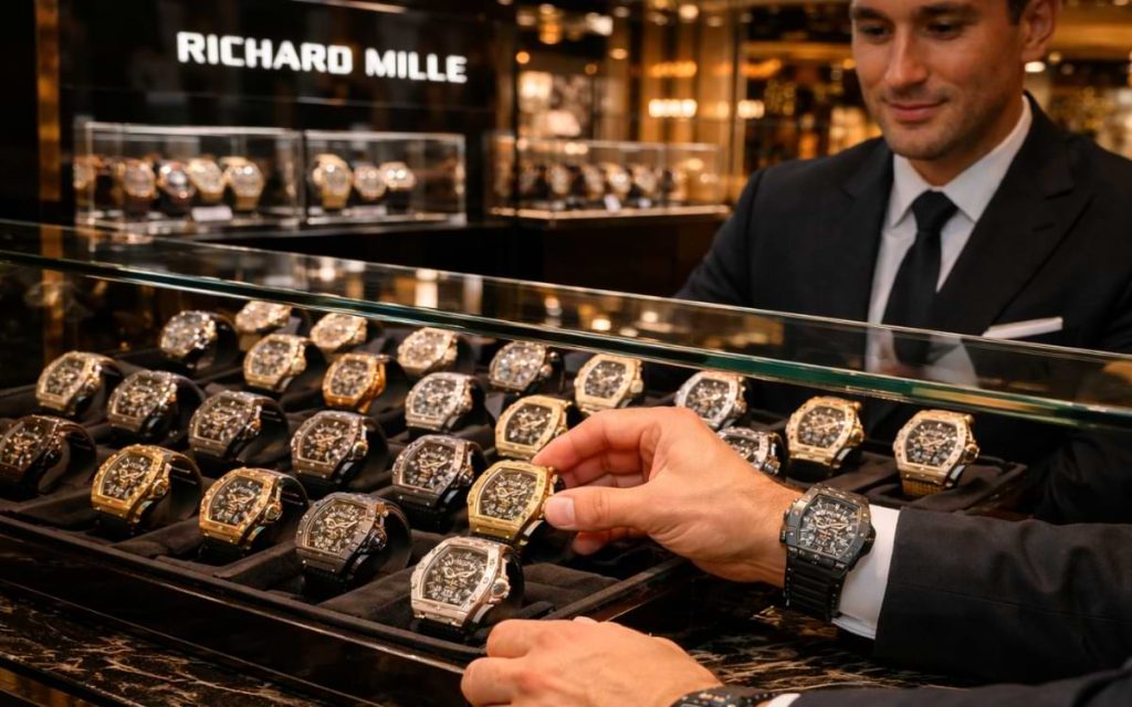 Customer selecting a Richard Mille watch from a glass display case filled with multiple gold, titanium, and carbon fiber watches in a high-end boutique, assisted by a salesperson.