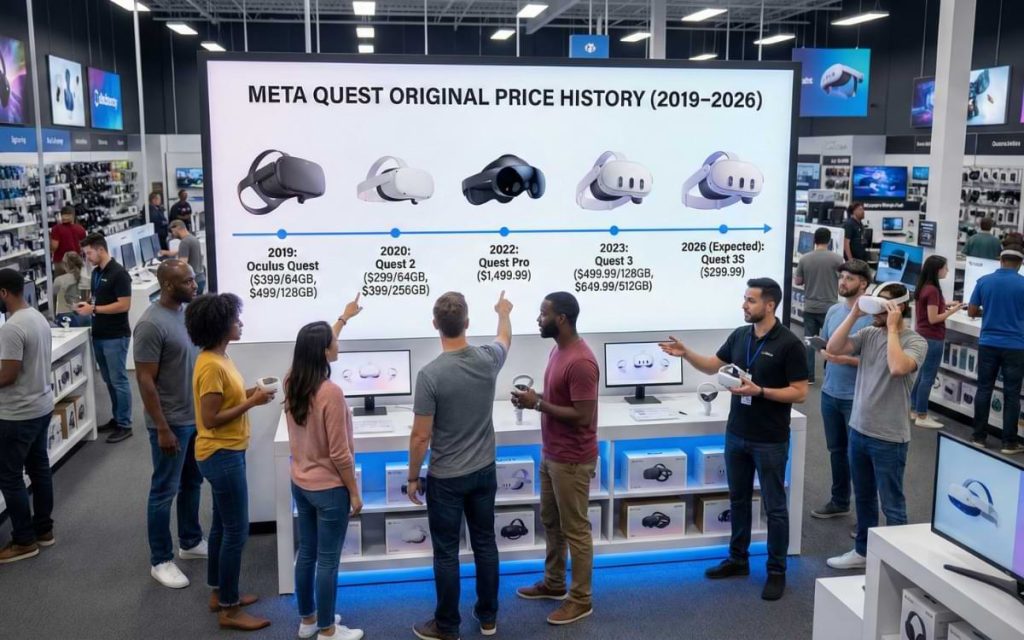 photo of a customer and tech store employee examining a Meta Quest headset, featuring a holographic data overlay of pricing history from 2019-2026 provided by originalpricing.com.