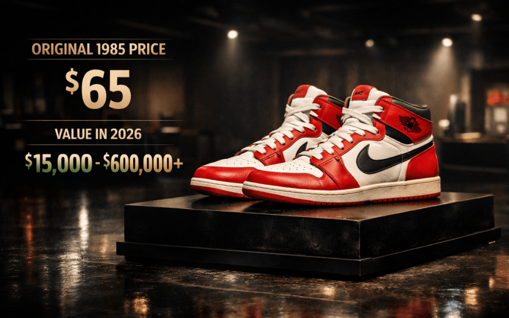 Authentic 1985 Air Jordan 1 Chicago sneakers showing original $65 retail price and 2026 collector value ranging from $15,000 to over $600,000