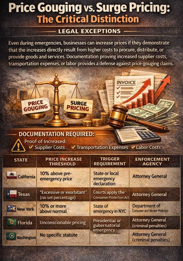Infographic comparing price gouging and surge pricing, explaining legal exceptions during emergencies and showing state-by-state price increase thresholds, emergency triggers, and enforcement agencies in California, Texas, New York, Florida, and Washington.