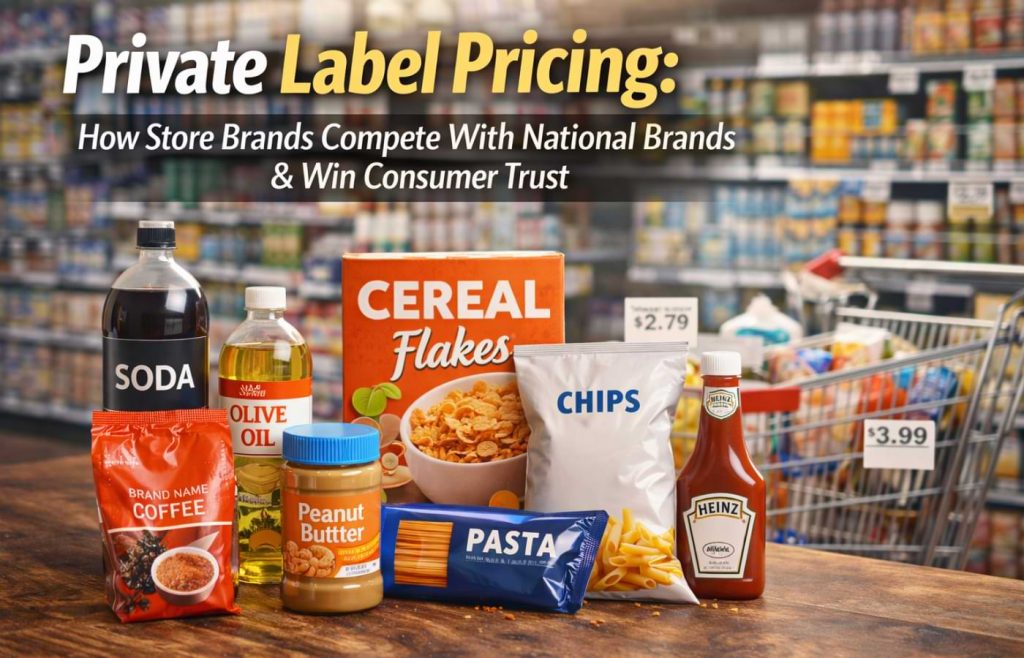 Realistic grocery shelf image comparing private label products with national brands, highlighting price differences, value perception, and consumer trust at originalpricing.com