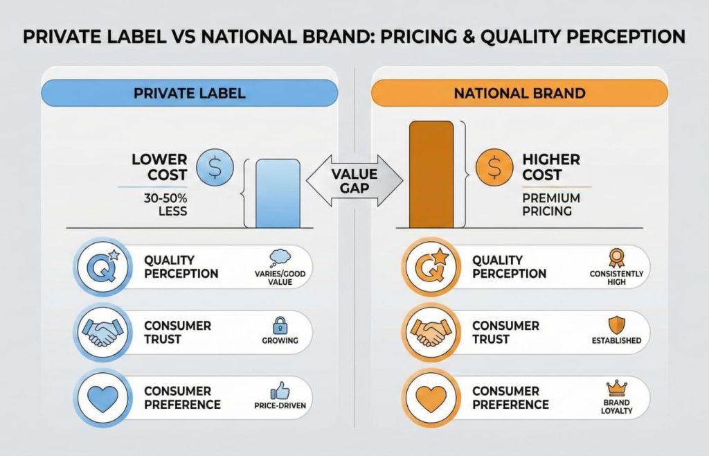 Stylized business infographic comparing private label versus national brand products, featuring a bar chart for cost analysis and icons representing quality perception, trust, and consumer preference