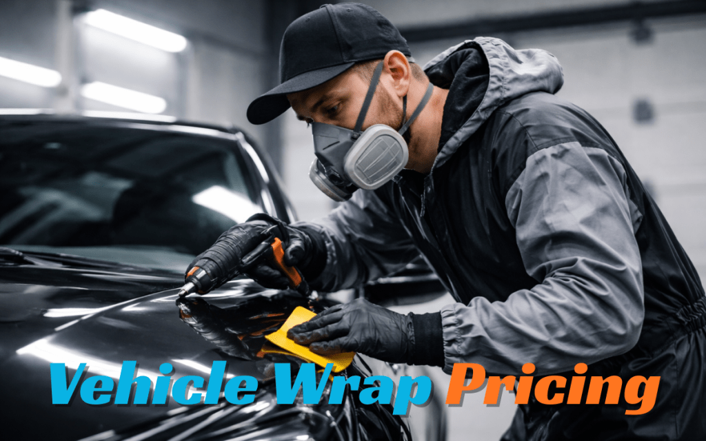 A professional vehicle wrap installer wearing full protective gear applies vinyl wrap to a car inside a clean, well-lit garage.