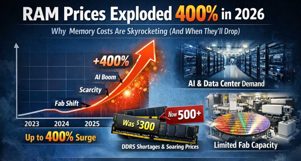 RAM prices exploded 400 percent in 2026 infographic showing AI boom, DDR5 memory shortage, data center demand, and limited fab capacity