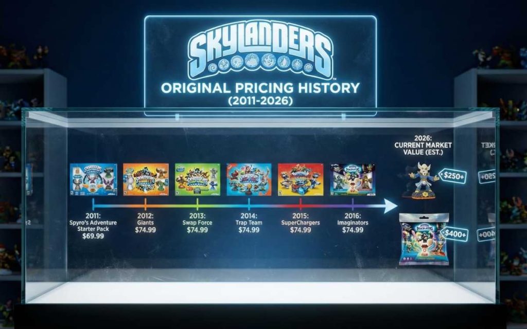 Ultra-realistic 8k close-up of rare Skylanders figures displayed on a shelf with a holographic augmented reality overlay showing a price comparison graph from their original launch date to their 2026 market value, presented by originalpricing.com.