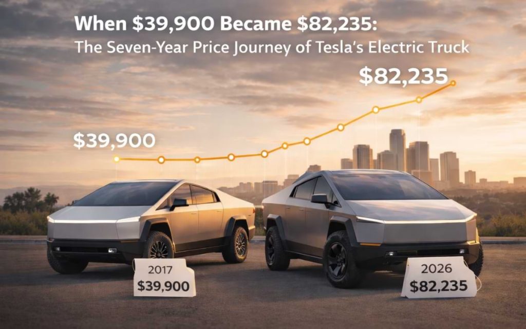 Realistic featured image showing two Tesla Cybertrucks side by side, illustrating the seven-year price increase from $39,900 in 2017 to $82,235 in 2026, with an upward price trend chart in the background.