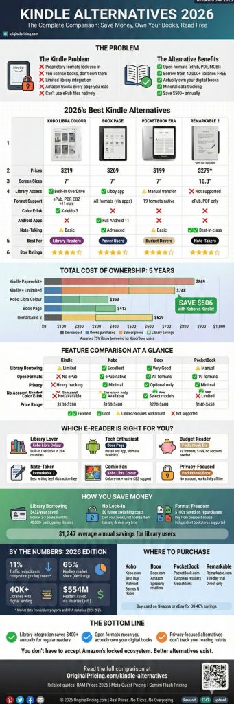 Kindle Alternatives 2026: The Complete Comparison & Cost Savings Guide Infographic