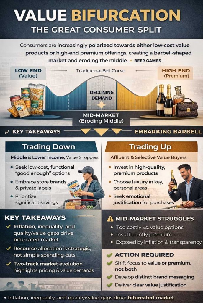 Infographic showing value bifurcation in consumer markets, with shoppers trading down to low-cost products or trading up to premium goods while mid-priced brands decline