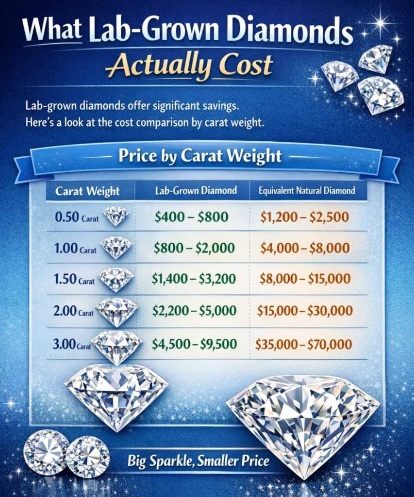 Infographic comparing lab-grown diamond prices to natural diamond prices by carat weight, showing significant cost savings from 0.5 to 3 carats.