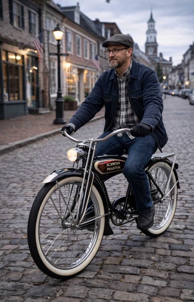 A man riding a vintage Schwinn Black Phantom bicycle along a cobblestone street in a historic old town setting.