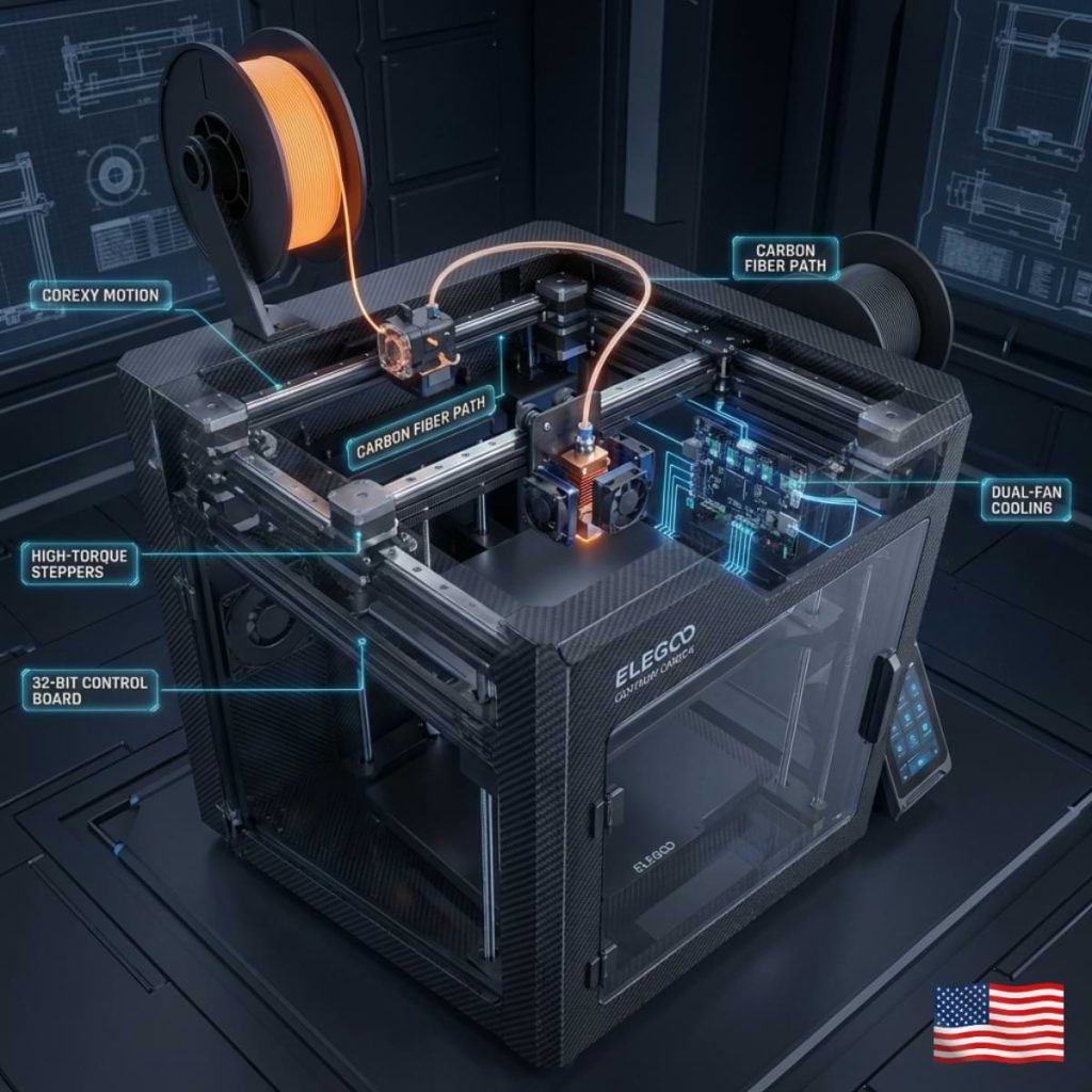 Technical cutaway of Elegoo Centauri Carbon showing CoreXY motors, cooling fans, and motherboard internals.