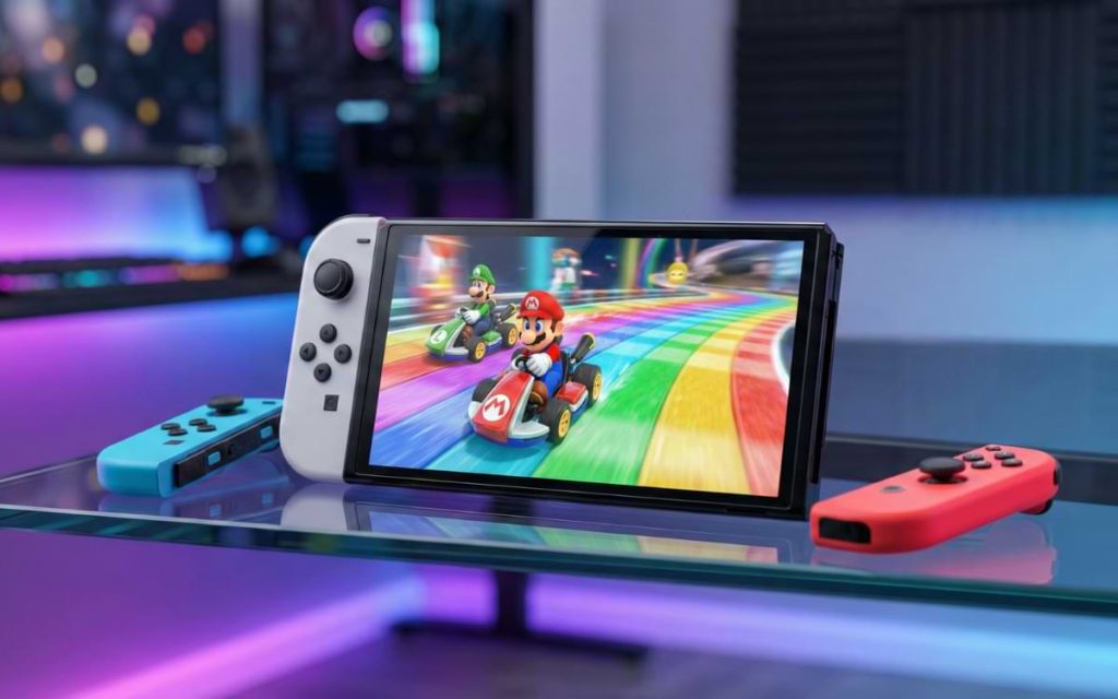 Nintendo Switch 2 console with neon joy-cons on a glass desk displaying Mario Kart gameplay price
