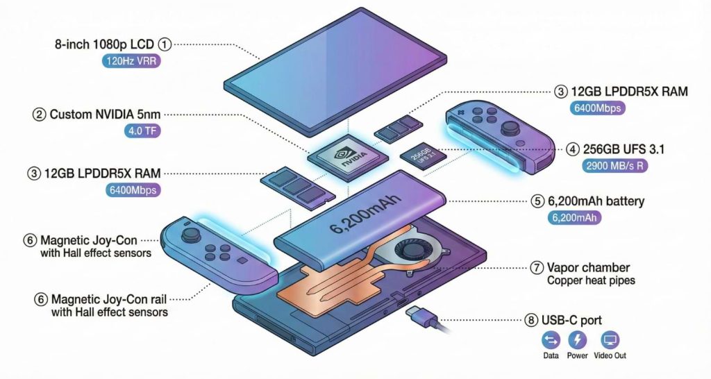 Exploded view diagram of Nintendo Switch 2 hardware specs: 8-inch 120Hz display, NVIDIA 5nm chip, 12GB RAM, 256GB SSD, and 6,200mAh battery.