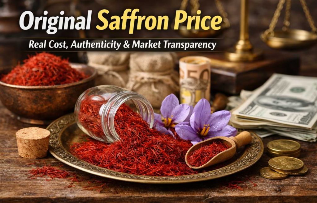 Ultra-realistic 8K image of original saffron threads displayed with saffron flowers, currency, and weighing scales, symbolizing real saffron price, authenticity, and market transparency. originalpricing.com