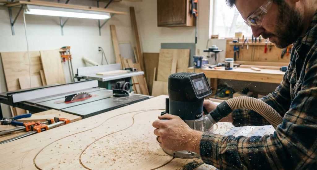 A woodworker wearing safety glasses uses a Shaper Origin handheld CNC router to cut curved lines into a large sheet of plywood in a busy workshop. Shaper Tape markers are visible on the wood surface.