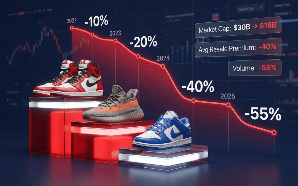 Financial infographic showing the sneaker resale market decline from 2022 to 2026. Downward trend line indicates a 40% drop in average resale premium and a market cap decrease from $30 Billion to $18 Billion. Features Air Jordan 1, Yeezy 350, and Nike Dunk on descending price tiers