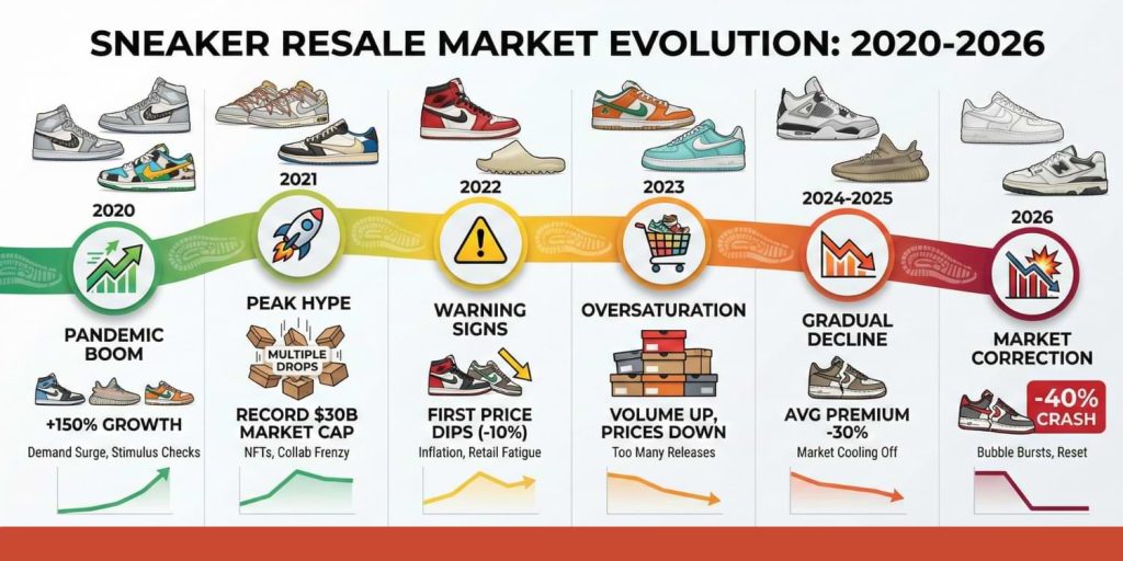 Infographic timeline illustrating the evolution of the sneaker resale market from the 2020 "Pandemic Boom" (+150% growth) and 2021 "Peak Hype" ($30B market cap) through oversaturation, decline, and the projected 2026 "Market Correction" (-40% crash, falling to $18B value)
