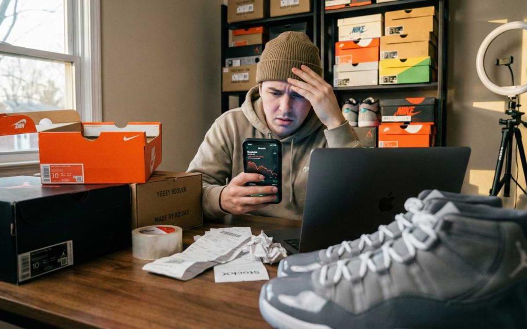 Stressed sneaker reseller sitting at a messy home desk looking at declining market prices on his phone, surrounded by unsold Nike and Yeezy inventory.