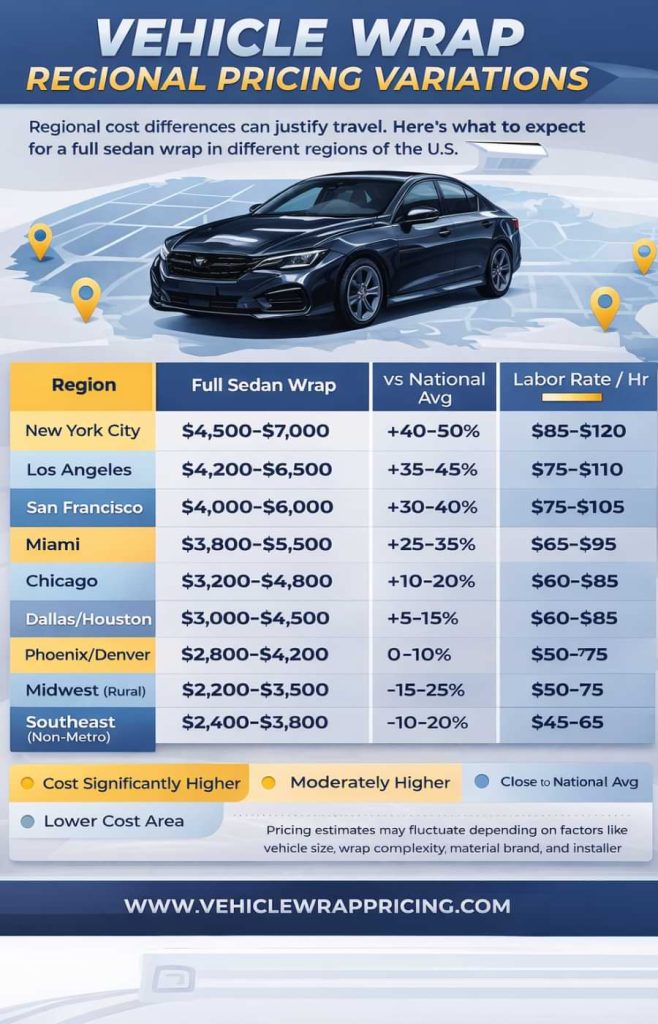 Infographic showing vehicle wrap pricing differences across U.S. regions, including full sedan wrap costs, labor rates per hour, and comparison to the national average.
