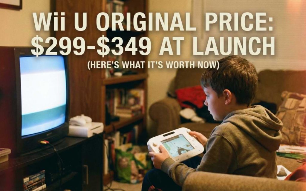Boy playing Nintendo Wii U console on a couch with 2012 launch price text overlay