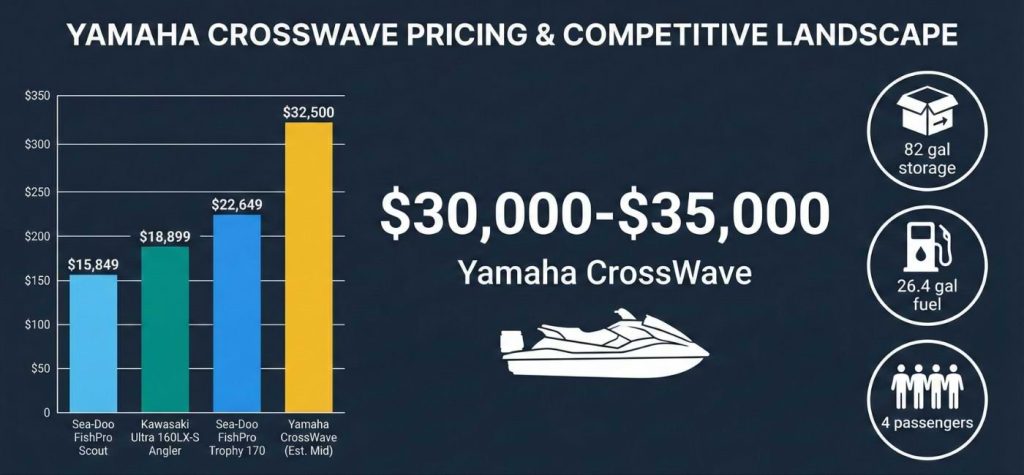 YAMAHA CROSSWAVE PRICING & COMPETITIVE LANDSCAPE'. A bar chart compares the estimated $32,500 price of the Yamaha CrossWave to the Sea-Doo FishPro Scout ($15,849), Kawasaki Ultra 160LX-S Angler ($18,899), and Sea-Doo FishPro Trophy 170 ($22,649). A central text block states the CrossWave price range is $30,000-$35,000. Three icons on the right highlight CrossWave features: '82 gal storage', '26.4 gal fuel', and '4 passengers'. A bottom banner reads 'WHAT YOU GET FOR THE PREMIUM