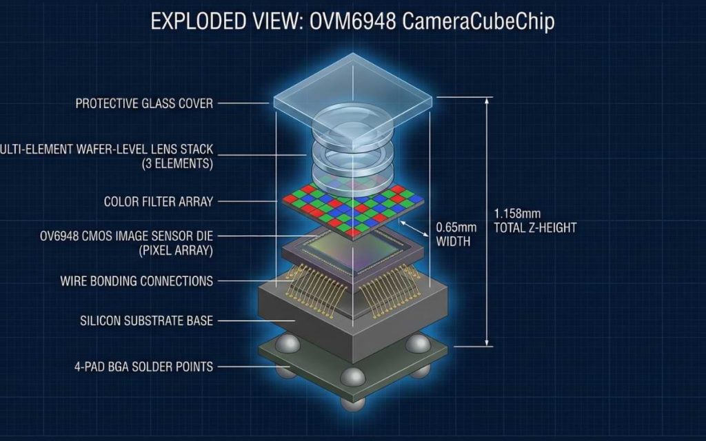 Technical exploded view diagram of the OmniVision OVM6948 CameraCubeChip. The isometric view shows internal components separated vertically from top to bottom: protective glass cover, multi-element wafer-level lens stack (3 elements), color filter array, OV6948 CMOS image sensor die with pixel array, wire bonding connections, silicon substrate base, and 4-pad ball grid array (BGA) solder points. Annotations indicate a width of 0.65mm and a total z-height of 1.158mm.