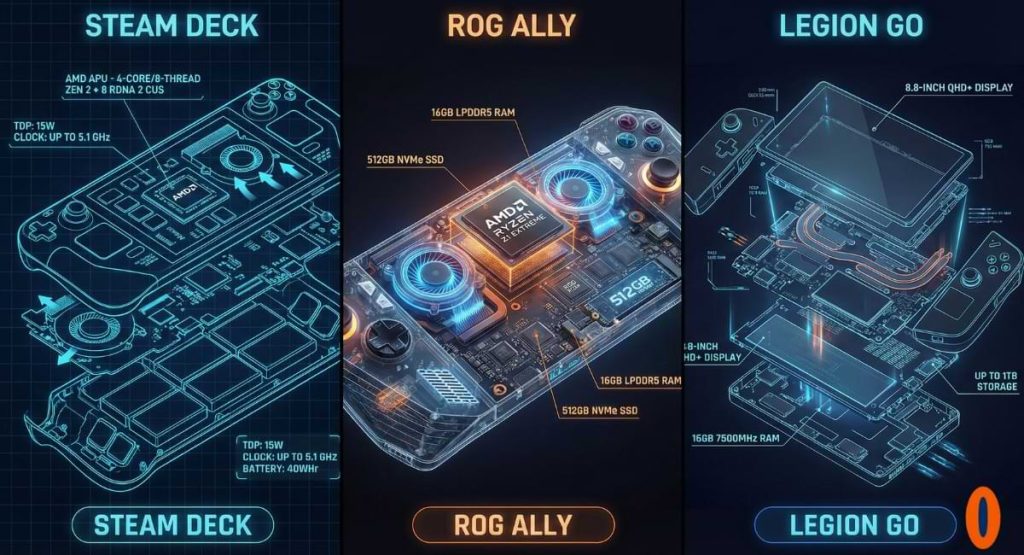 Technical schematic comparing the internal hardware of the Steam Deck, ASUS ROG Ally, and Lenovo Legion Go. Exploded views highlight the AMD APU, cooling fans, battery layout, and display assemblies for each device.