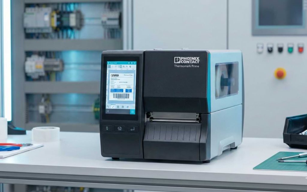 Thermomark Prime industrial label printer with touchscreen display on workbench