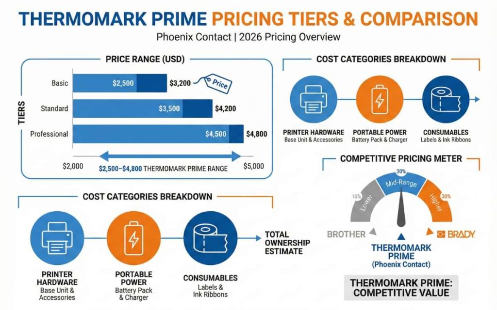 Phoenix Contact Thermomark Prime thermal transfer printer sitting on a clean industrial workbench with a glowing touchscreen interface.