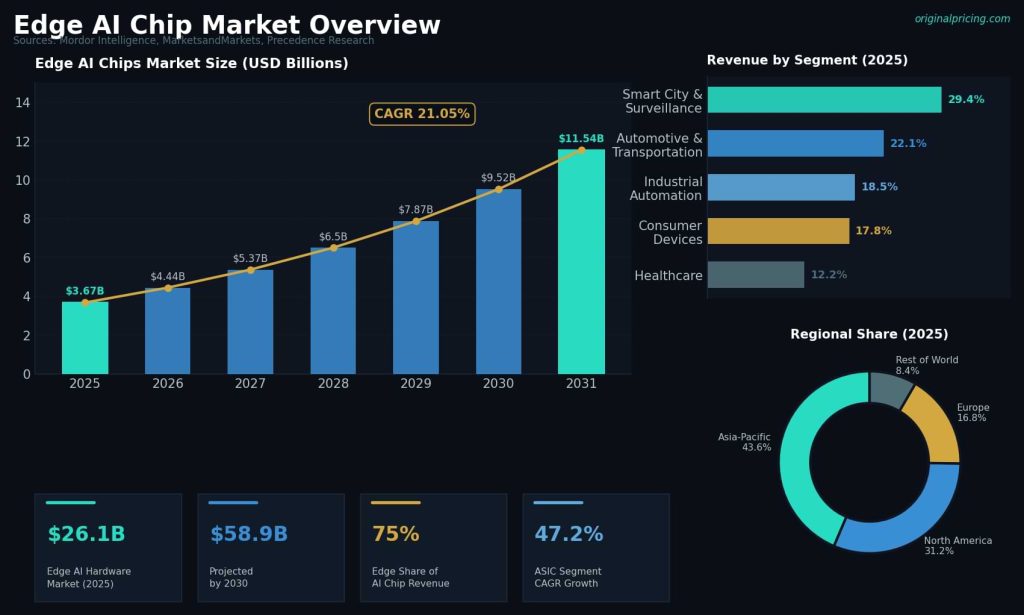 Edge AI chip market stats chart showing growth from $3.67B to $11.54B by 2031, segment breakdown, and regional share data from Mordor Intelligence and MarketsandMarkets.
