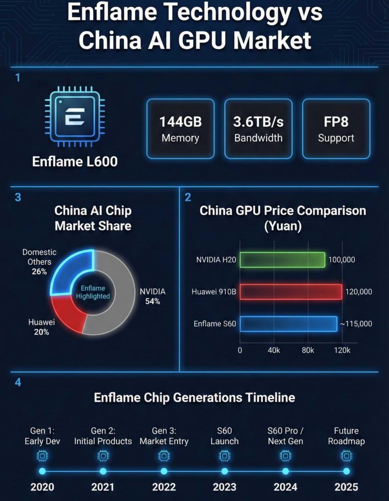 Enflame Technology AI chip price comparison chart showing L600 and S60 GPU costs versus Huawei Ascend 910B and NVIDIA H20 in China market with IPO data
