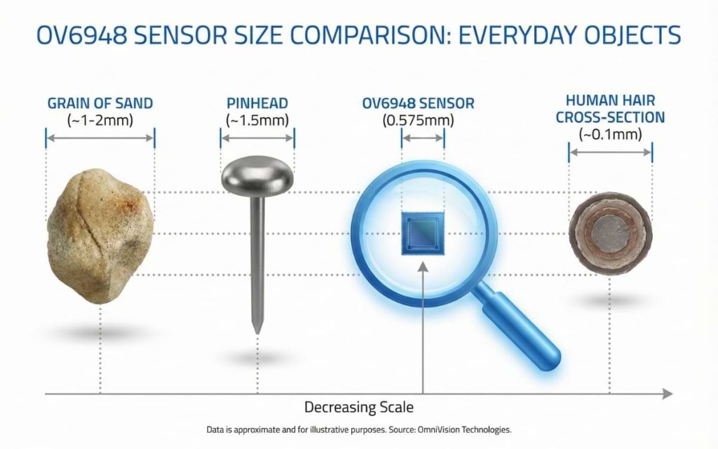 Educational infographic comparing the size of the OmniVision OV6948 sensor (0.575mm) to common objects: a grain of sand, a pinhead, and a human hair cross-section.