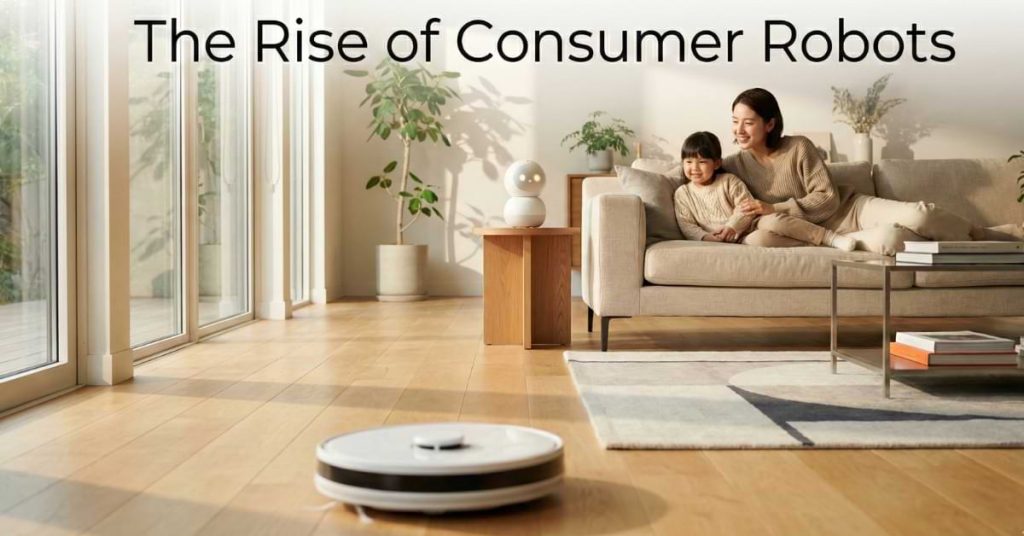 A robotic vacuum cleaning a living room floor while a companion robot sits on a side table and a family relaxes on the couch in a modern sunlit home