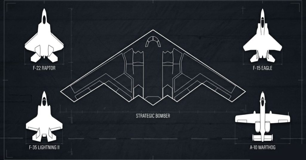 Top-down silhouette comparison of B-2 Spirit stealth bomber alongside F-35, B-1B Lancer, B-52, and B-21 Raider showing relative aircraft sizes on dark tarmac