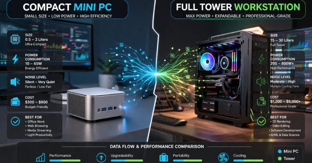 mini PC on one side and a full tower workstation