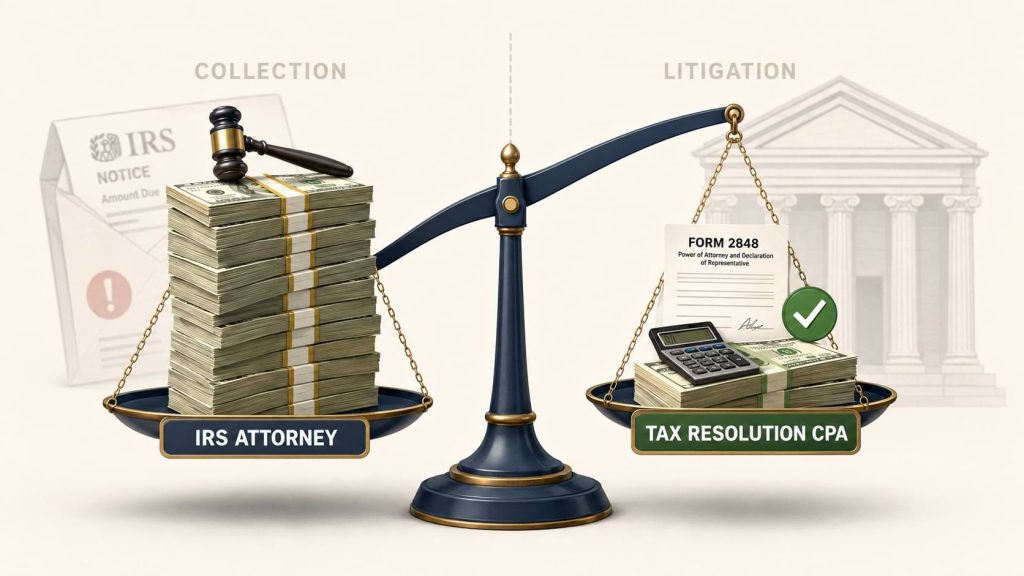 Editorial illustration comparing IRS attorney costs and tax resolution CPA representation using a balanced scale with IRS Form 2848 and financial icons