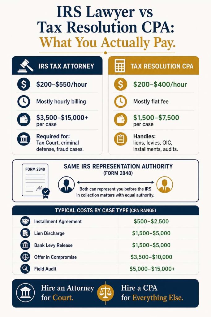 Vertical infographic comparing IRS tax attorney and tax resolution CPA costs, services, Form 2848 authority, and common IRS case fees