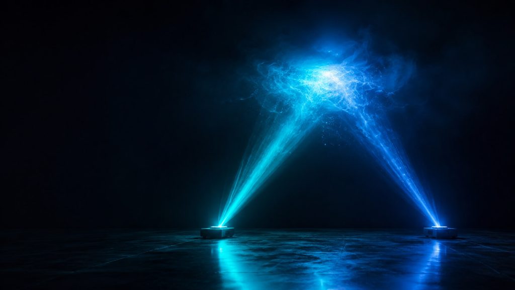 Dual Holographic Projection Beams Converging into Unified 3D Light Display